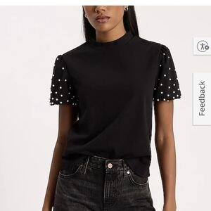 Express Nwt Black Pearl-Embellished Top Small Crew Neck Pearl Puff Sleeve